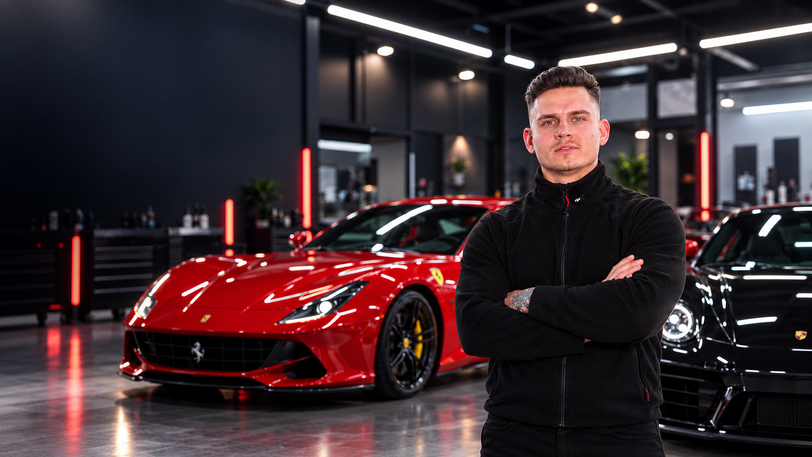 Niklas Hannen als Experte vor rotem Ferrari und Premiumfahrzeugen in der Fahrzeugpflege-Werkstatt